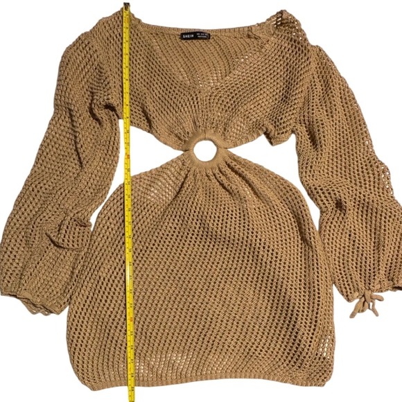 Crochet Cutout Mini Dress Beige Knit Ring Detail Long Sleeve Beach Vacation S - Picture 6 of 8